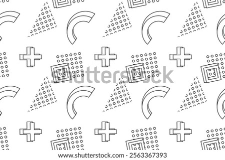 Black-and-white seamless pattern featuring plus signs, semicircles, triangles, squares, and dotted elements for coloring.