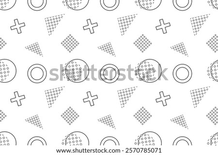 Minimalistic monochrome seamless pattern with dotted circles, triangles, and plus signs in a clean layout.