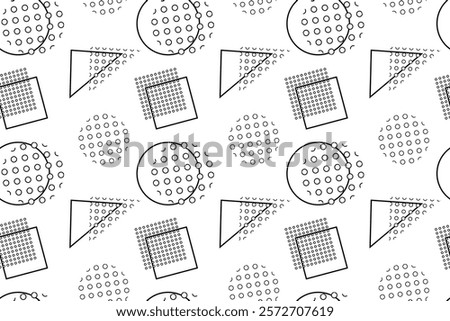 Abstract black and white pattern with circles, squares, and triangles filled with dotted textures.