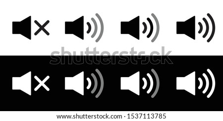 Speaker icon set. Flat sound speaker music icon symbol set black and white. Megaphone icon set. Realistic speaker or sound notification. Mute, low, medium, and high or maximum volume. 