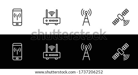 Wifi transmitter type icon set. Flat design icon collection isolated on black and white background. Mobile hotspot, router, tower, and satellite.