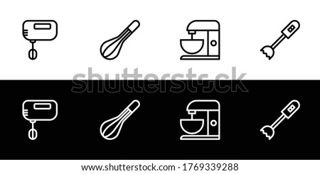 Mixer type icon set. Flat design icon collection isolated on black and white background. Hand mixer, manual whisk, stand mixer, immersion blender.