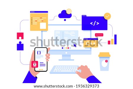 Monitor with program code on the screen, infographic elements, bug fixing, virtual screens. Web development, programmer, coding. Web banner or landing page template. Vector illustration on white 