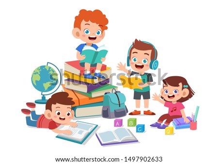 Happy kids read book and study together