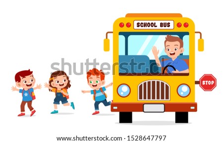 happy cute kids ride bus from school