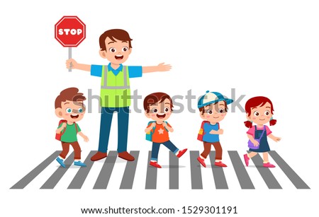 happy good man help kids cross road