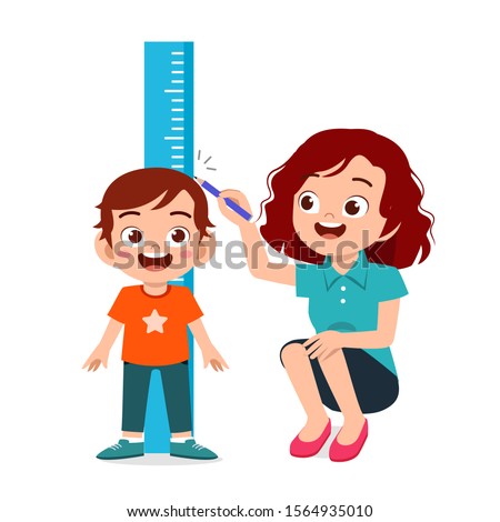 happy cute kid boy measuring height with mom vector