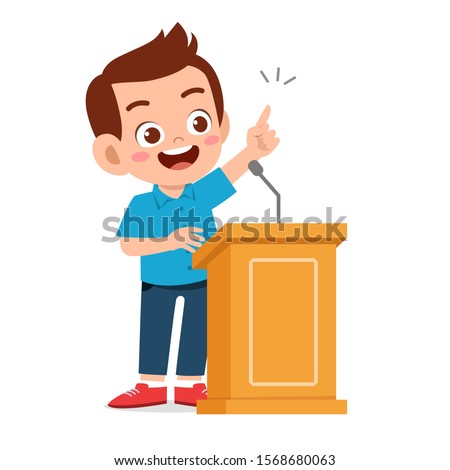 happy cute kid boy speech on podium