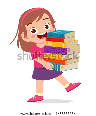 happy cute little kid girl carry pile of books