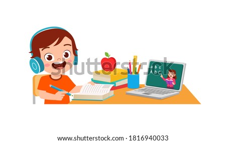 happy cute little kid do home school with computer laptop connect to internet study e-learning and course. e-learning web element