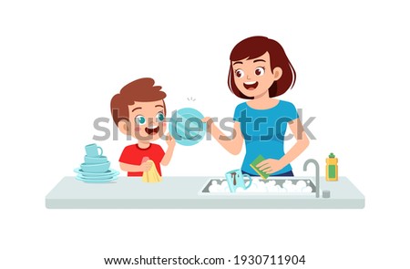 happy cute little boy washing dish with mother