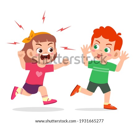 bad little boy run and show grimace face to angry friend