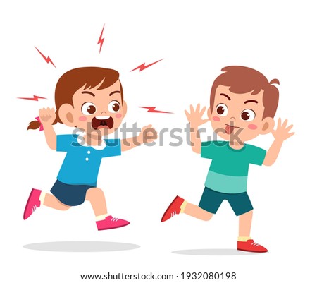 bad little boy run and show grimace face to angry friend