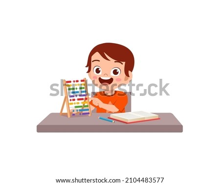 cute little boy study math using wood tool