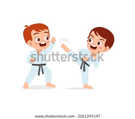 cute little kid training karate with friend together