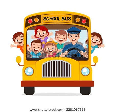 little kids boy and girl ride school bus and go to school