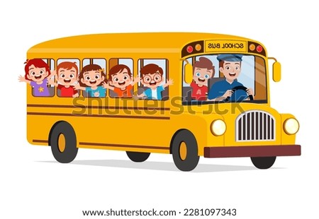 little kids boy and girl ride school bus and go to school
