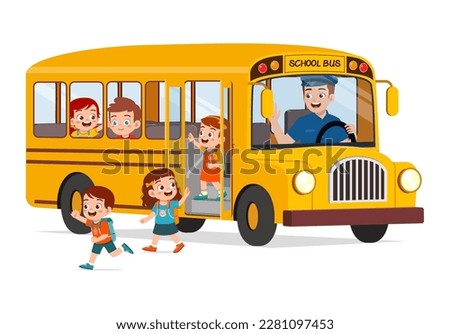 little kids boy and girl ride school bus and go home from school