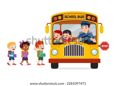 little kids boy and girl ride school bus and go to school