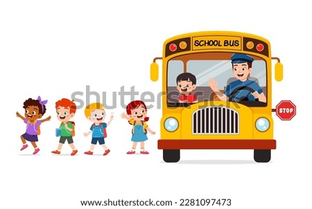 little kids boy and girl ride school bus and go home from school