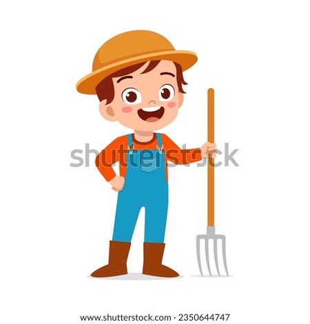 little kid wearing farmer costume and holding pitchfork