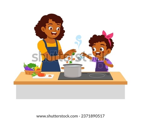 little kid helping mother cooking soup