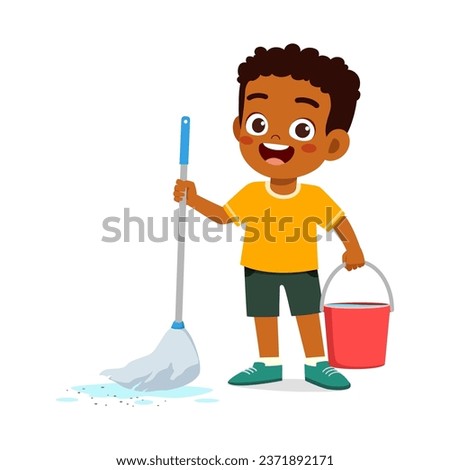 little kid cleaning floor with mop stick