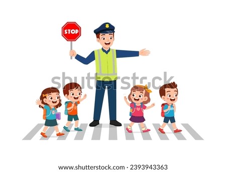 police man help little kid to cross the road