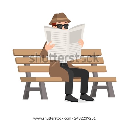 detective sit on the bench and read newspaper while spying