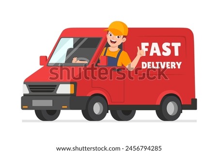 young delivery man drive red truck