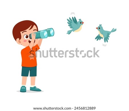 little kid use binocular to see bird fly