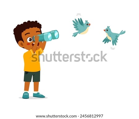 little kid use binocular to see bird fly