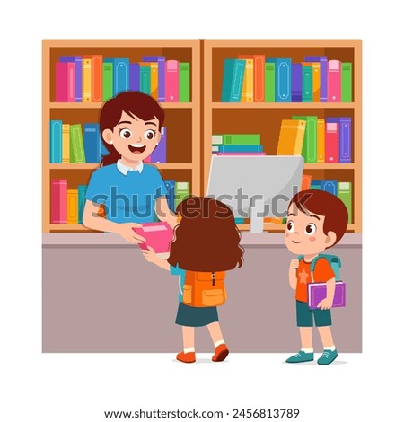 little kid and friend ask librarian to borrow book from the library