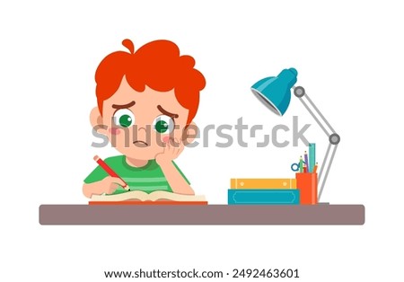 little kid study on desk and feel sad