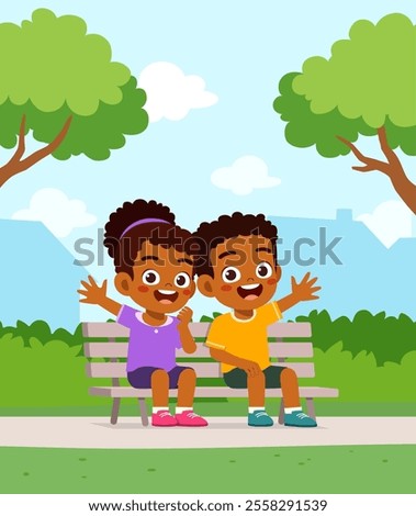 little kid and friend sit on the park bench