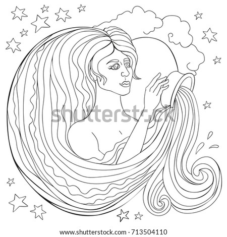 Sign of the zodiac Aquarius drawn in the vector line. The face of a beautiful girl who pours water. Coloring antistress for all ages.