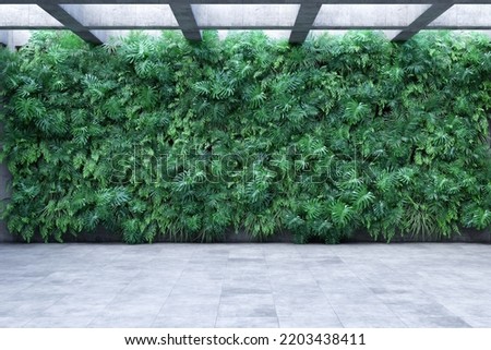 Concrete architecture, vertical garden wall, green plants decoration. 3D illustration, rendering. Foto d'archivio © 