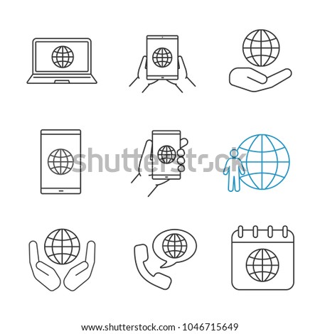 Worldwide linear icons set. Tablet pc internet, smartphone and laptop, planet in hands, Earth population, internet call, global calendar. Thin line contour symbol. Isolated vector outline illustration