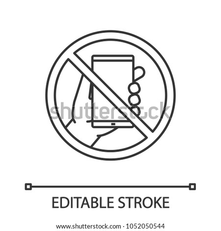 Forbidden sign with mobile phone linear icon. No smartphone prohibition. Thin line illustration. Stop contour symbol. Vector isolated outline drawing. Editable stroke
