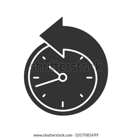 Back arrow around clock glyph icon. Counterclockwise. Reschedule. Silhouette symbol. Negative space. Vector isolated illustration