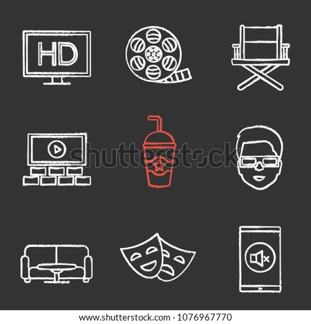 Cinema chalk icons set. HD display, filmstrip roll, direcror chair, cold drink, 3D glasses, theater masks, turn off sign, stereo system, poster. Isolated vector chalkboard illustrations