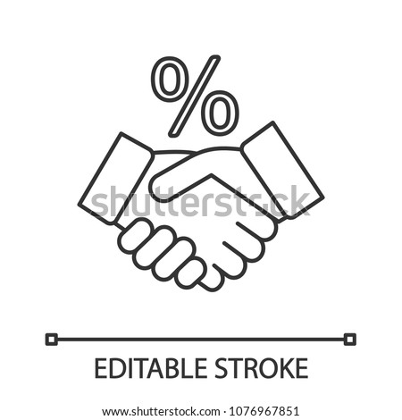 Successful deal linear icon. Business partnership. Thin line illustration. Handshake and percent sign. Contour symbol. Vector isolated outline drawing. Editable stroke