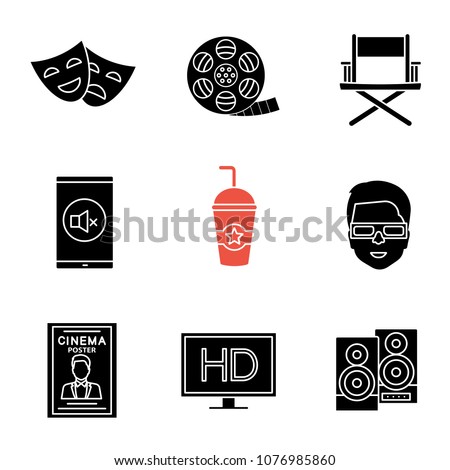Cinema glyph icons set. HD display, filmstrip roll, direcror chair, cold drink, 3D glasses, theater masks, turn off sign, stereo system, poster. Silhouette symbols. Vector isolated illustration