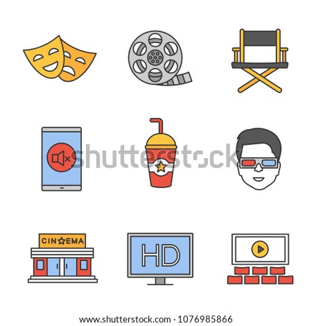 Cinema color icons set. HD display, filmstrip roll, direcror chair, cold drink, 3D glasses, theater masks, turn off sign, screen, cinema building. Isolated vector illustrations