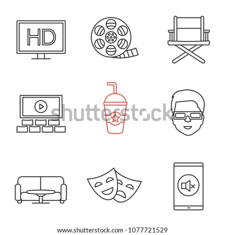 Cinema linear icons set. HD, filmstrip roll, director chair, screen, drink, 3D glasses, table and sofa, theater masks, turn off sign. Thin line contour symbols. Isolated vector outline illustrations