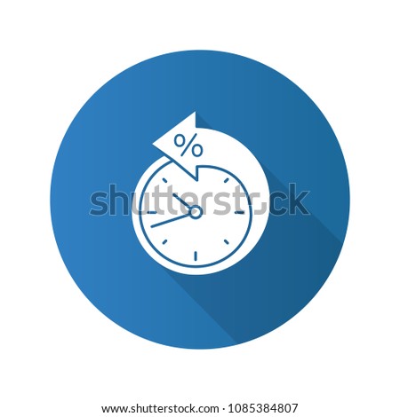 Back arrow around clock with percent flat design long shadow glyph icon. Counterclockwise. Debt reschedule. Payment terms. Vector silhouette illustration