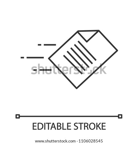 Quick data transfer linear icon. File sending. Thin line illustration. Flying document. Contour symbol. Vector isolated outline drawing. Editable stroke