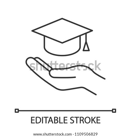 Accessible or free education linear icon. Open hand with graduation cap. Thin line illustration. Getting diploma. Contour symbol. Vector isolated outline drawing. Editable stroke