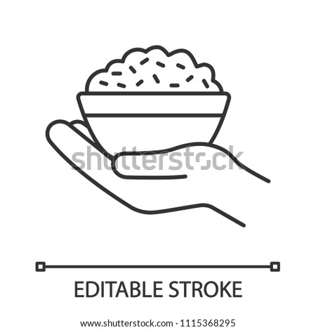 Food donation linear icon. Open hand with rice bowl. Thin line illustration. Chinese fried rice for free. Contour symbol. Vector isolated outline drawing. Editable stroke
