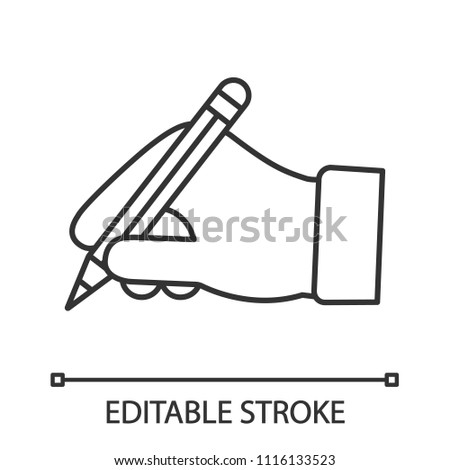 Hand holding pencil linear icon. Thin line illustration. Handwriting. Drawing. Taking notes. Contour symbol. Vector isolated outline drawing. Editable stroke